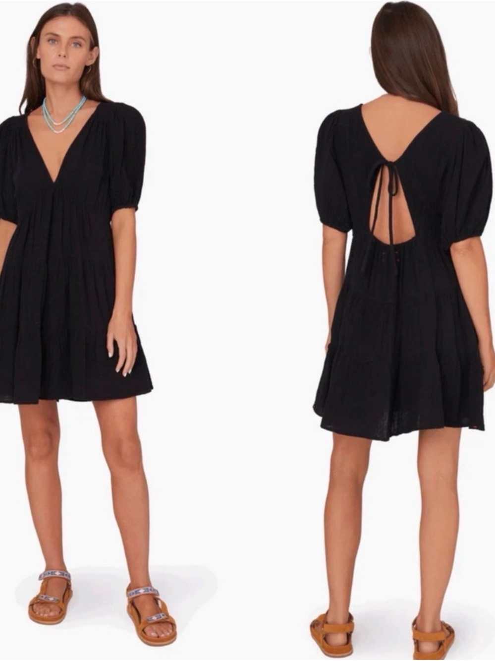 Xirena Black Puff Sleeve Mini Dress Open Back Tiered XS
